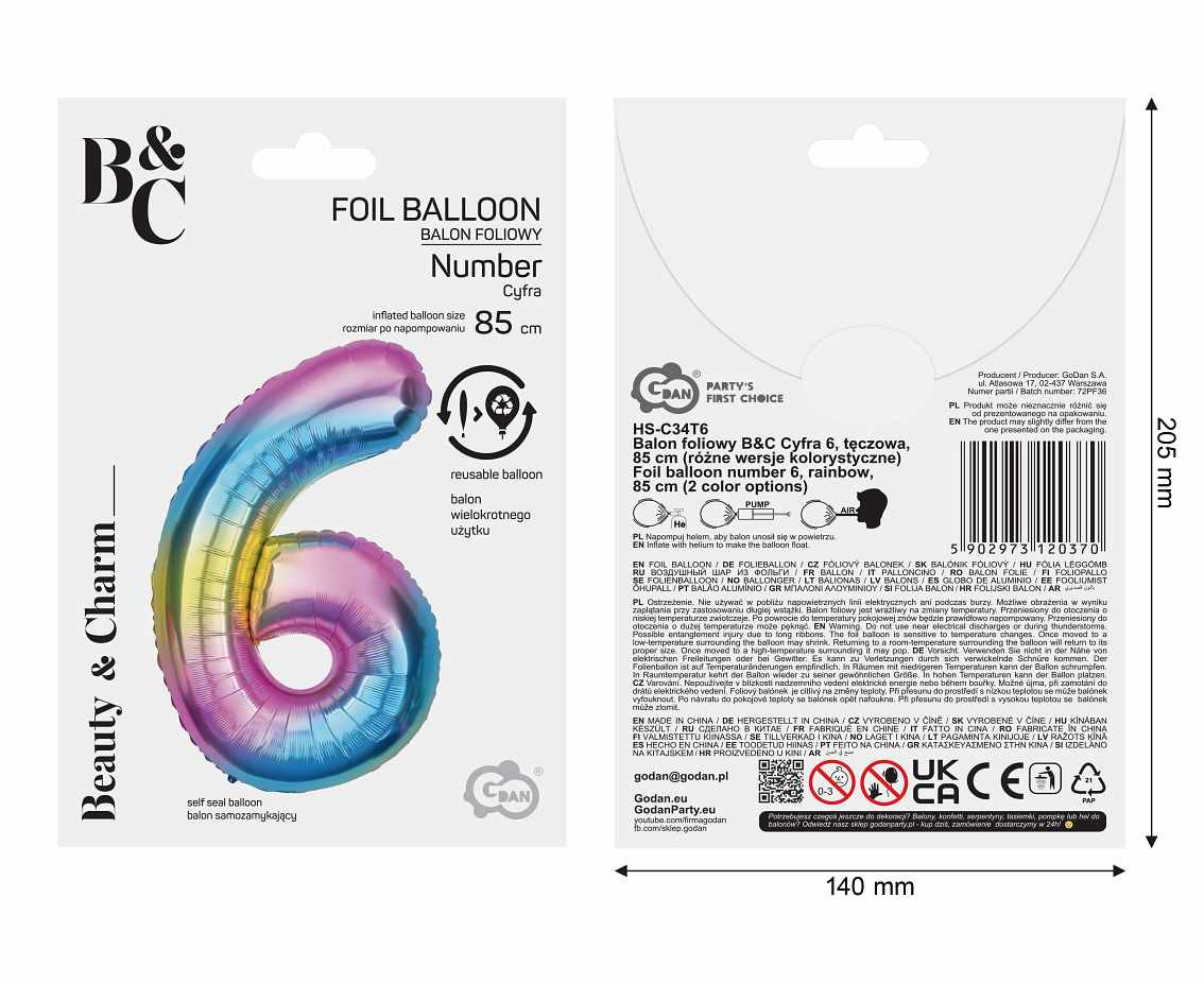 Foil balloon number 6, rainbow, 85 cm